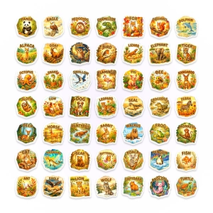 Grille 7x7 détaillée de 49 autocollants d'animaux colorés avec noms en anglais