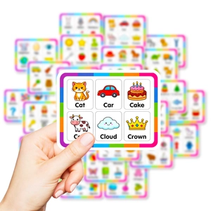 Educational English word cards for kids featuring colorful cartoon animals and fruits