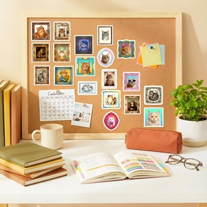 Artistic cat stickers with vintage frames displayed on a corkboard with aesthetic stationary