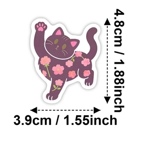 Detailed size measurement showing a 4.8cm tall purple cat sticker with cherry blossoms