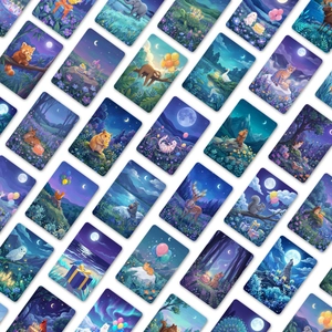 Set of 36 forest moonlit animal art cards with hand-drawn illustrations for wall decor