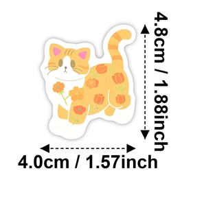 Detail view of a cute orange cat sticker showing exact dimensions of 4.8cm by 4.0cm