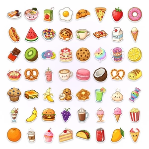 Collection of 56 Kawaii food stickers with cute expressions for laptops and luggage