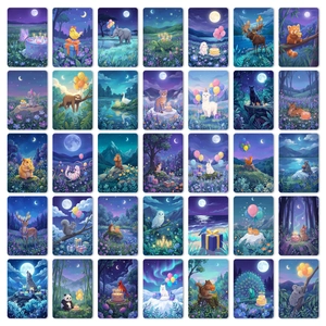 Detailed grid view of 36 fantasy animal postcards with dreamy moonlight and party themes