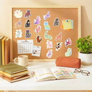 Detail of colorful watercolor cat stickers with floral patterns on a cozy cork board