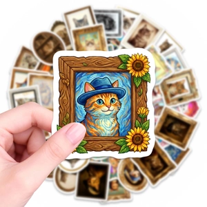 Close-up of a Van Gogh style ginger cat art sticker with sunflower wooden frame detail