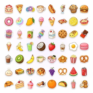 56 diverse cute cartoon food stickers including desserts and snacks with white outlines
