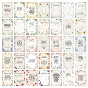 Dettaglio di 36 biglietti di preghiera e versetti biblici con motivi floreali acquerello