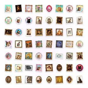 56-piece vintage cat art stickers featuring classical oil painting portraits and gold frames