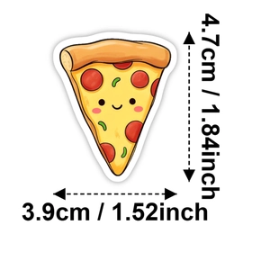 Detailed size specifications for cute cartoon pizza sticker with smiling face and vibrant colors