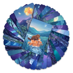 Detailed top view of illustrated animal cards with forest night and moon themes