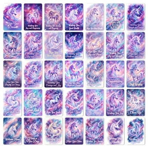 35-piece dreamlike unicorn greeting card set with galaxy patterns and inspirational quotes