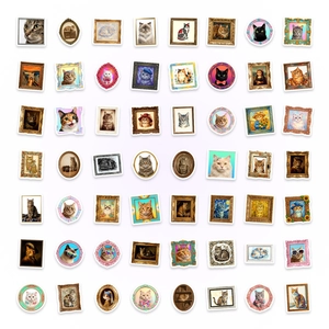 56 pieces of vintage cat art stickers featuring classic famous paintings in frames