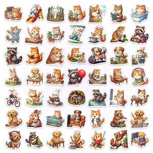Collection of 49 cartoon animal stickers featuring cats and dogs in various daily activities