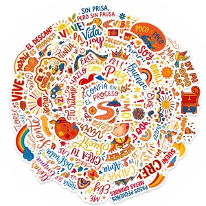50 Spanish motivational stickers with colorful cartoon illustrations for laptops and journals