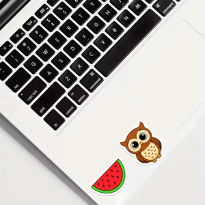 Close-up of cute owl and watermelon stickers on a silver laptop for decoration
