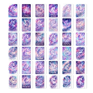 Set of 36 unicorn greeting cards featuring dreamy watercolor designs and English wishes