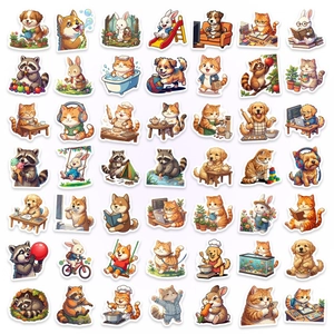 Detailed grid layout of 49 cartoon animal stickers featuring cats and dogs