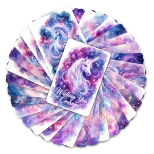 Unicorn art blessing cards set with dreamy starry watercolor nebula and crescent moon