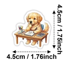 Detail view of a waterproof golden retriever cartoon sticker with size measurements