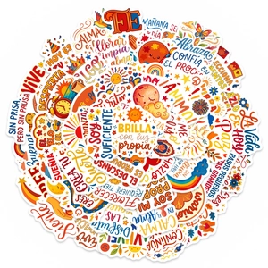 50 Spanish motivational cartoon stickers featuring colorful sun and rainbow designs