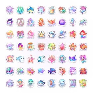 Collection of 56 cute marine animal stickers with colorful kawaii cartoon designs