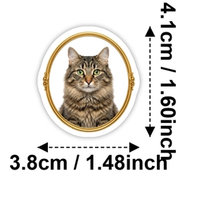 Vintage cat art sticker with gold embossed edge showing size dimensions 4.1cm by 3.8cm