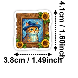 Detail of vintage cat sticker featuring a Van Gogh style star background and sunflowers