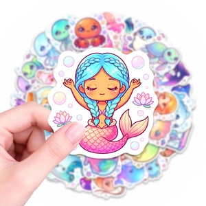 Close-up of a kawaii mermaid sticker from a colorful ocean themed waterproof set