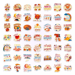 50 Spanish motivational cartoon stickers featuring sun, rainbow, and heart illustrations
