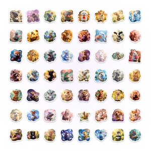 Detailraster mit 64 niedlichen Tieraufklebern und floralen Elementen für DIY-Dekoration
