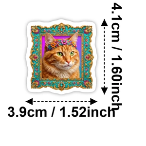 Detailed dimensions of a vintage cat sticker with a floral headscarf and blue frame
