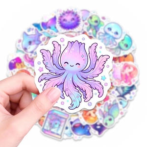 Close-up of cute cartoon ocean animal stickers with waterproof PVC finish and macaron colors