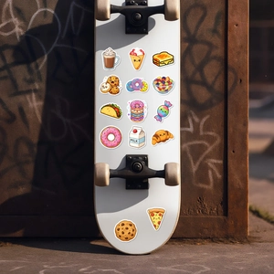 Cute food graffiti stickers shown as waterproof decorations on a white skateboard