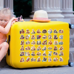 Cartoon animal doodles on a yellow suitcase with a girl for product scale