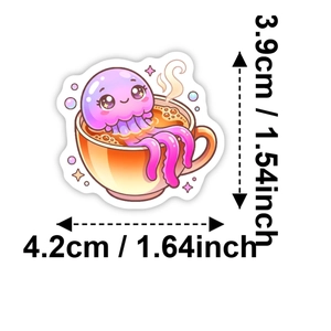 Cute cartoon purple jellyfish sticker in coffee cup, 50pcs ocean theme decor stickers