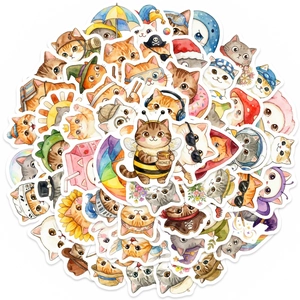 Autocollants de Chat de Dessin Animé Peints à la Main Mignons Décalcomanies en Vinyle Imperméables pour Journal Portable DIY