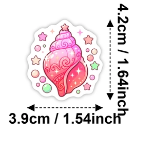 Pink cartoon conch sticker dimensions showing 4.2cm height and 3.9cm width measurements