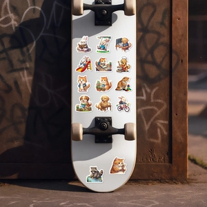 Close-up of assorted waterproof animal doodle stickers applied on a skateboard deck