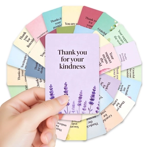 Close-up of floral thank you cards in a circular layout with hand holding purple lavender card