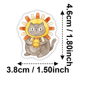 Vue détaillée d'un autocollant chat de dessin animé avec chapeau soleil et dimensions