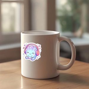 Cute cartoon shell sticker with headphones on a white ceramic mug, home desk setting