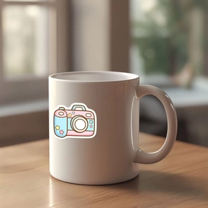 Nahaufnahme einer weißen Keramiktasse mit Kamera-Aufkleber auf einem Holztisch