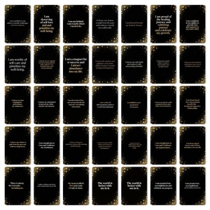 Grid layout of 35 black and gold affirmation cards with positive mental growth quotes