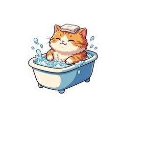 50 Cute animal doodle stickers featuring a ginger cat bathing in bubbles on white background