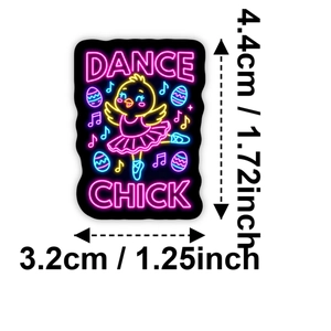 Neon dancing chick sticker size details showing 4.4cm height and 1.72 inch width