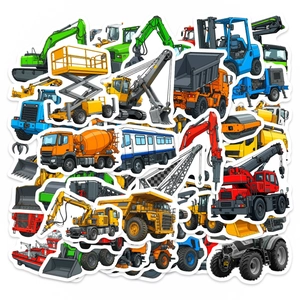 50pcs cartoon construction vehicle stickers featuring excavators and cranes for kids