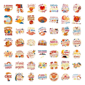 Set of 50 colorful Spanish inspirational quote stickers with sun and rainbow hand-drawn designs