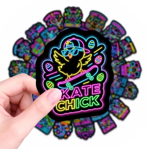 Close-up of a neon skate chick sticker with vibrant colors for laptops and DIY decor
