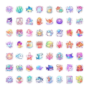 Set of 64 kawaii marine animal stickers featuring cute mermaids and colorful sea life